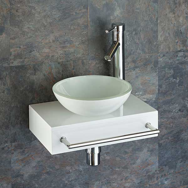Narrow White Shelf 400mm and Round Glass Basin Set with Tap plus Waste and Trap Savona