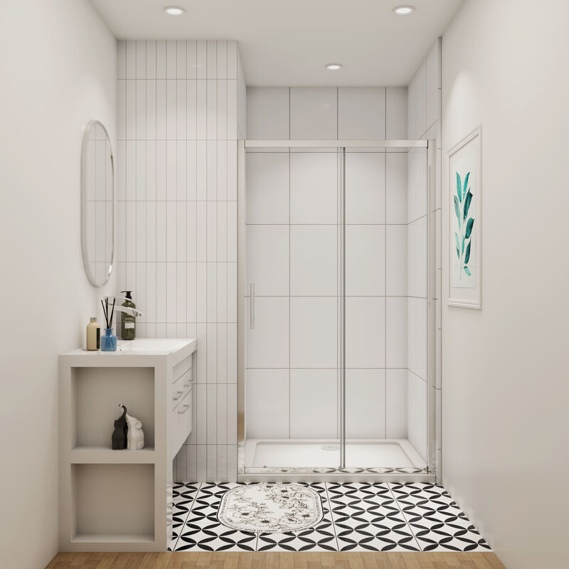 Bathroom 1100mm Bathroom Sliding Door Shower Enclosure 5mm Safety Tempered Glass Screen with Shower Base Tray 1000x900mm and Waste Trap H1900mm - SKY
