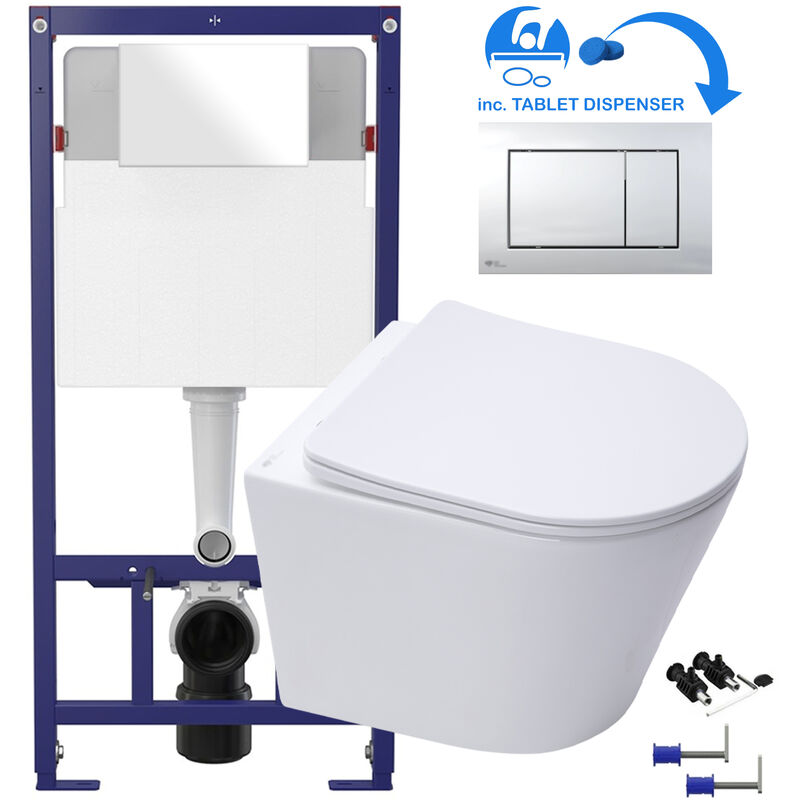 White d Shape Rimless Wall Hung Toilet & 1.12m Concealed wc Cistern Frame Set - Gloss Chrome Square Plate