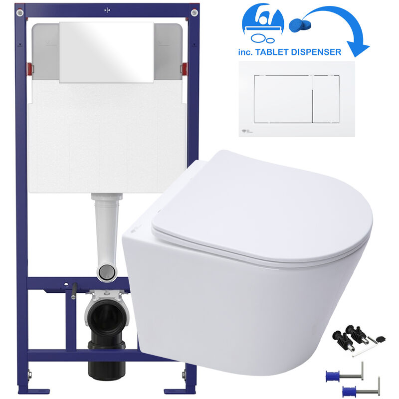 White d Shape Rimless Wall Hung Toilet & 1.12m Concealed wc Cistern Frame Set - Gloss White Square Plate