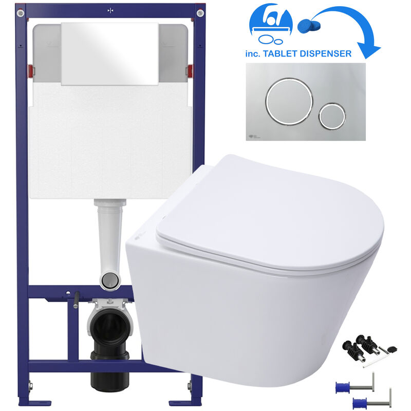 White d Shape Rimless Wall Hung Toilet & 1.12m Concealed wc Cistern Frame Set - Gloss Chrome Plate