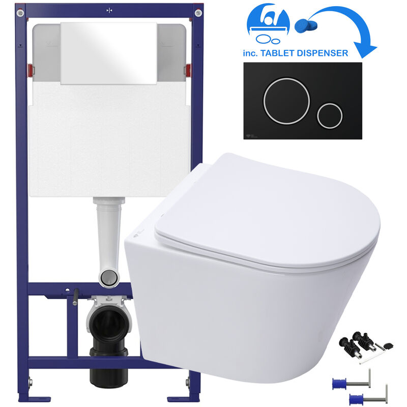 White d Shape Rimless Wall Hung Toilet & 1.12m Concealed wc Cistern Frame Set - Matt Black/Chrome Plate