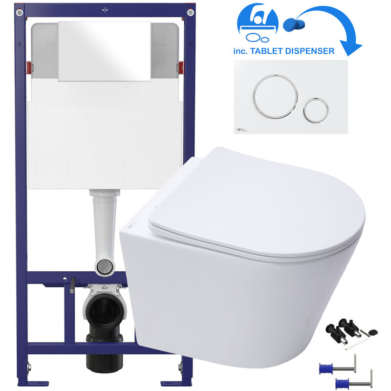 White d Shape Rimless Wall Hung Toilet & 1.12m Concealed wc Cistern Frame Set - Gloss White Plate
