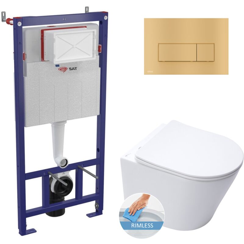 Wall hung toilet set frame + sat Infinitio rimless toilet with invisible fixings + Softclose seat + Gold plate - Swiss Aqua Technologies