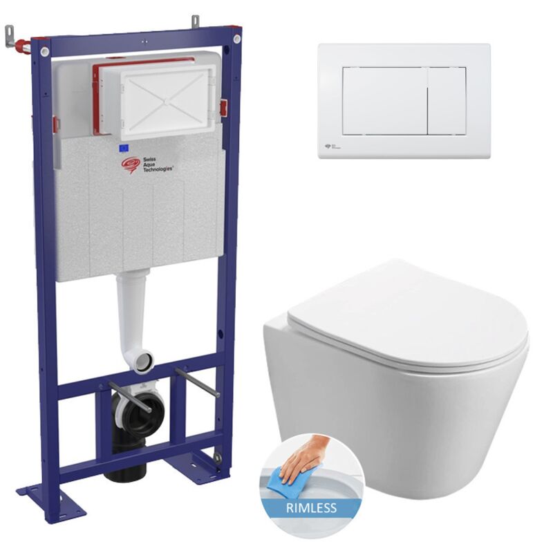 Wall hung toilet set frame + sat Infinitio rimless toilet with invisible fixings + Softclose seat + White plate (SMARTK-Infiniti - Swiss Aqua