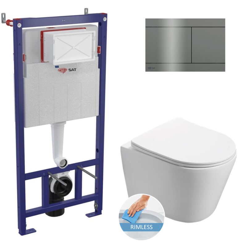 Wall hung toilet set frame + sat Infinitio rimless wc with invisible fixings + Softclose seat + stainless steel plate, PVD-coate - Swiss Aqua