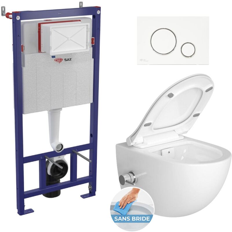 Wall hung toilet set frame + sat Infinitio rimless wc with thermostatic bidet function + Softclose seat + White / chrome plate - Swiss Aqua
