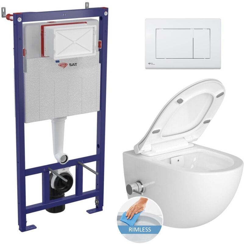 Wall hung toilet set frame + sat Infinitio rimless wc with thermostatic bidet function + Softclose seat + White plate - Swiss Aqua Technologies