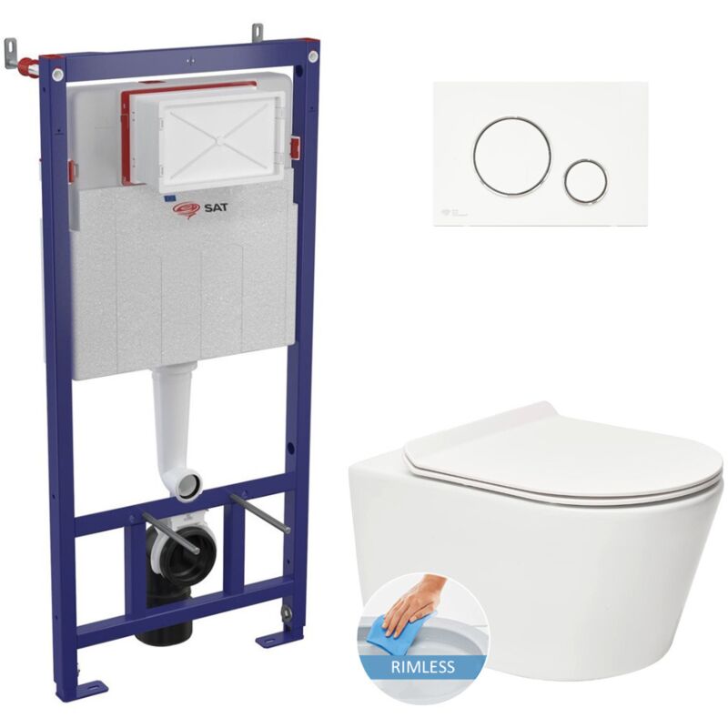 Wall hung toilet set frame + sat rimless toilet with invisible fixings + Softclose seat + White plate (SMARTK-Brevis-9) - Swiss Aqua Technologies