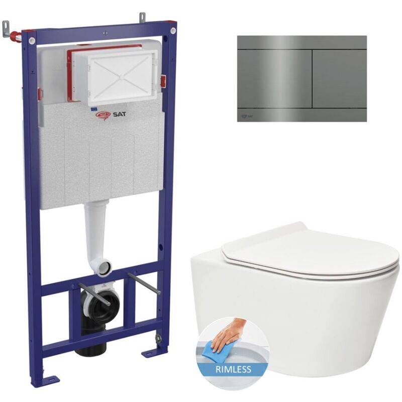 Wall hung toilet set frame + sat rimless wc with invisible fixings + Softclose seat + stainless steel plate, PVD-coated, Gun Met - Swiss Aqua