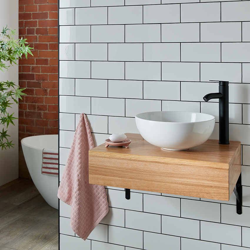 Large Oak Shelf with 35cm Round Ceramic White Basin incl Black Tap Waste and Bottletrap SUZA