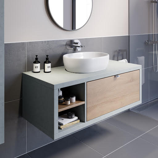 Vitusso Concrete Grey & Wood Wall Hung Vanity Unit & St Tropez Countertop Basin with Shelf 1100mm LH