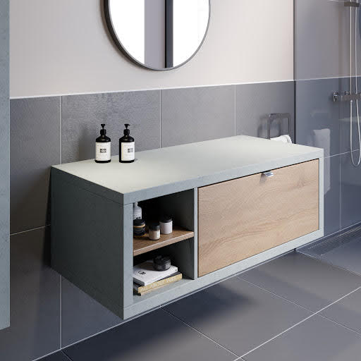 Vitusso Concrete Grey & Wood Wall Hung Vanity Unit with Shelf - 1100mm LH