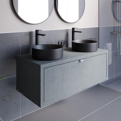Vitusso Concrete Wall Hung Vanity Unit & Lyon Matt Black Countertop Basins - 1100mm Width
