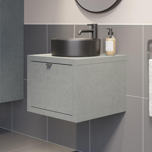 Vitusso Garda Concrete Wall Hung Vanity Unit & Lyon Black Countertop Basin - 500mm