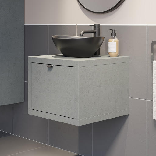 Vitusso Garda Concrete Wall Hung Vanity Unit & Roubaix Black Countertop Basin - 500mm