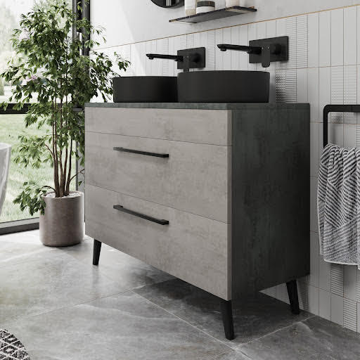 Vitusso Idro Grey Double Vanity Unit & Lyon Black Countertop Basins - 1000mm
