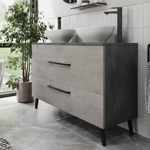 Vitusso Idro Grey Double Vanity Unit & Roubaix White Countertop Basins - 1200mm
