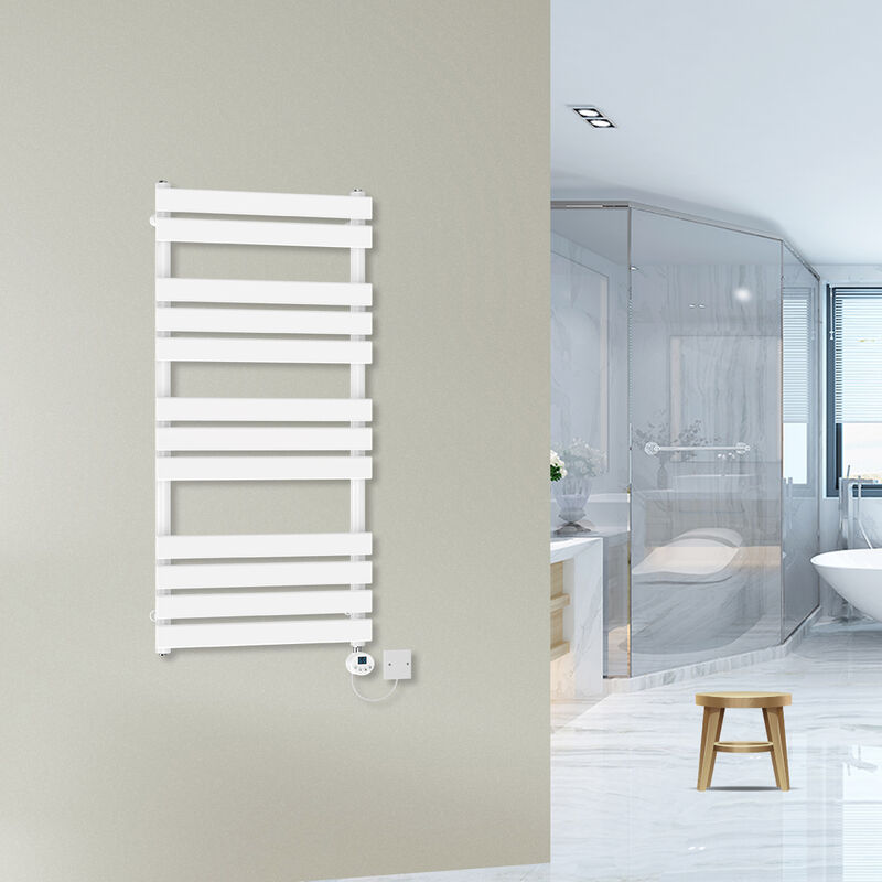 WarmeHaus Prefilled Flat Panel Electric Heated Towel Rail Thermostatic Bathroom Radiator White 1200x600mm 500W