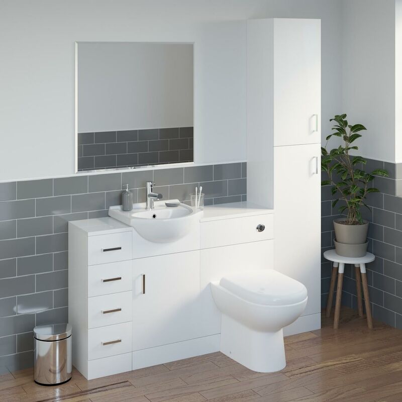 White Bathroom Vanity Unit Tall Cabinet Storage Drawer Basin Sink Toilet Gloss - White