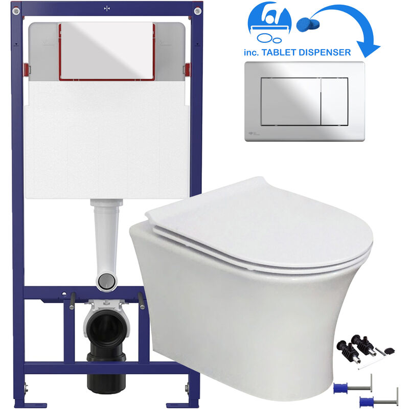 White Square Modern Rimless Wall Hung Pan & Soft Close Seat Bathroom Toilet & 1.12m Concealed wc Cistern Frame Set Chrome Square - White