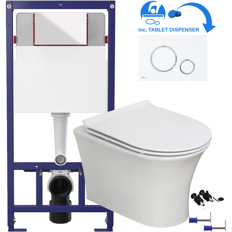 White Square Modern Rimless Wall Hung Pan & Soft Close Seat Bathroom Toilet & 1.12m Concealed wc Cistern Frame Set Gloss White