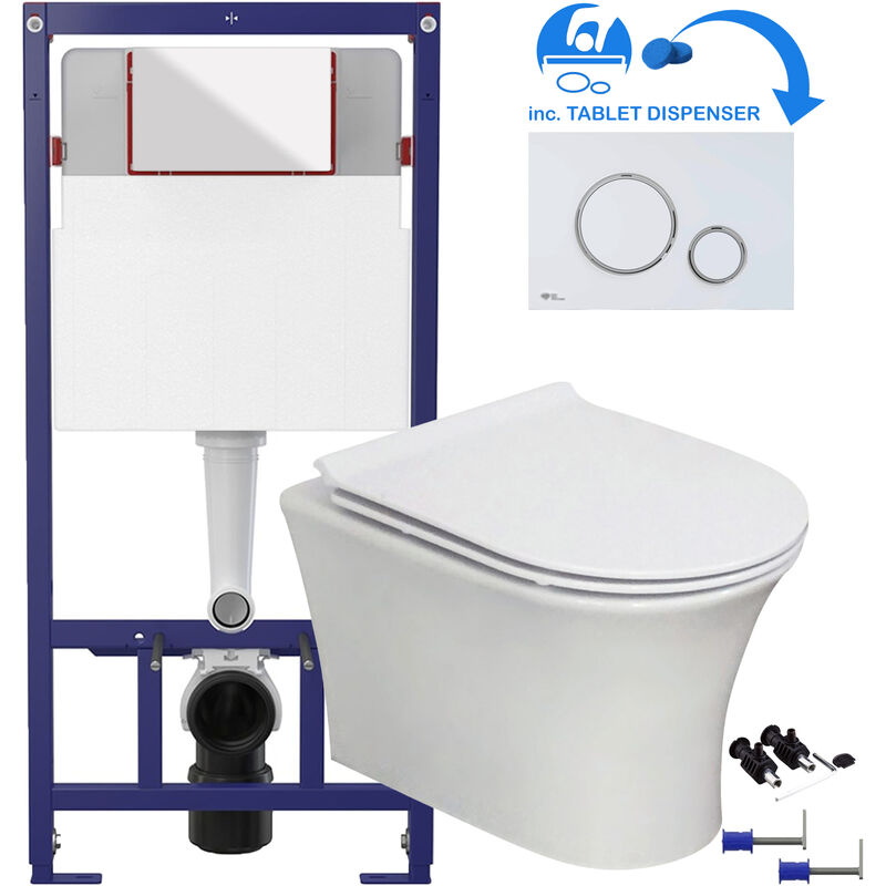 White Square Modern Rimless Wall Hung Pan & Soft Close Seat Bathroom Toilet & 1.12m Concealed WC Cistern Frame Set White Square
