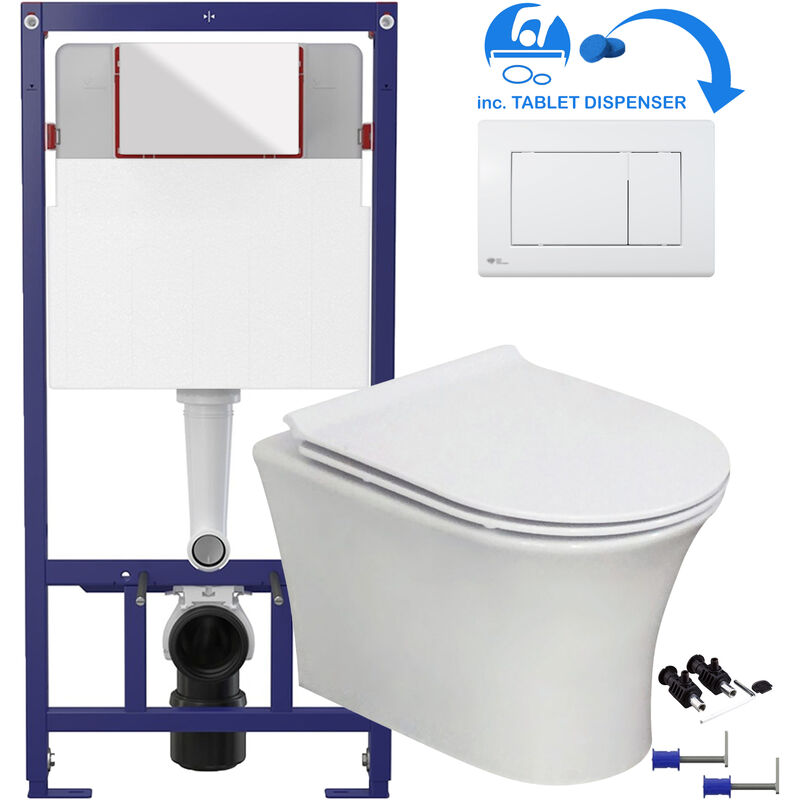 White Square Modern Rimless Wall Hung Pan & Soft Close Seat Bathroom Toilet & 1.12m Concealed wc Cistern Frame Set White Square - White