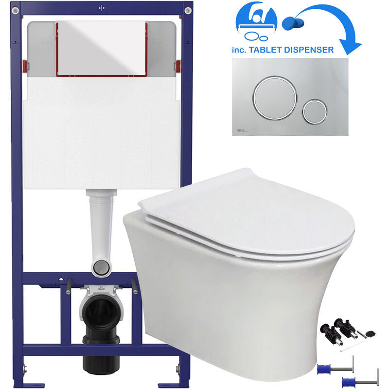 White Square Modern Rimless Wall Hung Pan & Soft Close Seat Bathroom Toilet & 1.12m Concealed wc Cistern Frame Set Matt White