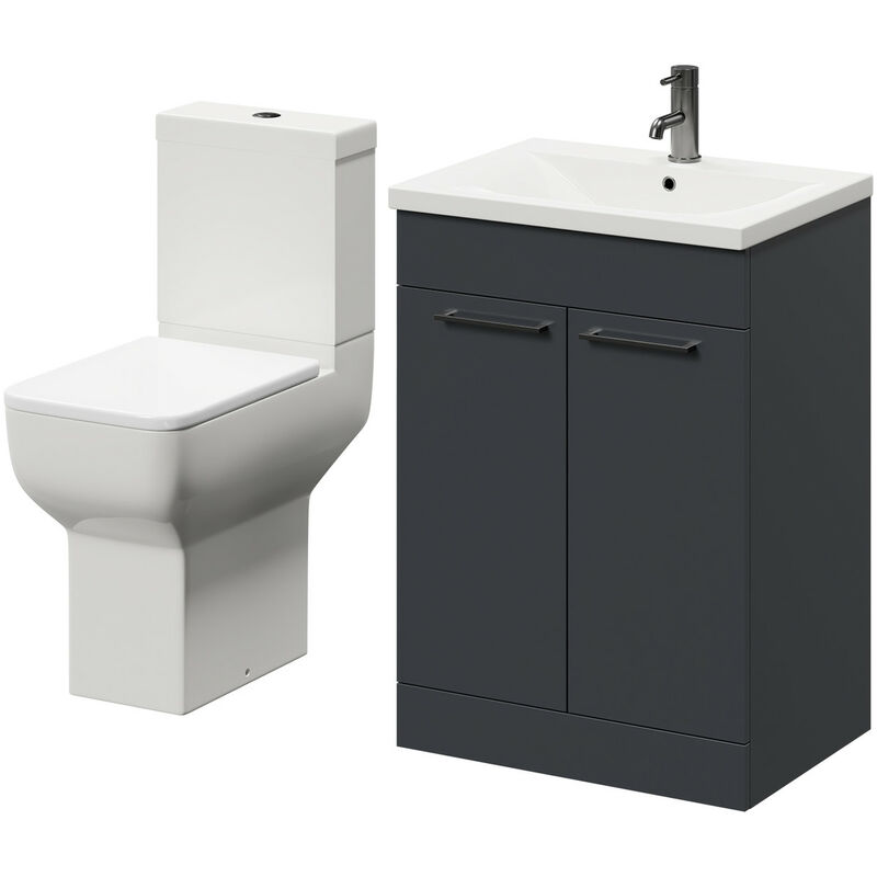 Wholesale Domestic Alessio Gloss Grey 600mm Vanity Unit and Toilet Suite including Comfort Height Toilet and Floor Standing Vanity Unit with 2 Doors
