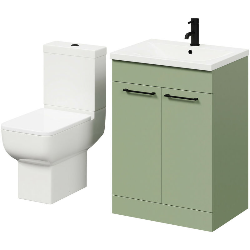 Wholesale Domestic Alessio Olive Green 600mm Vanity Unit and Toilet Suite including Open Back Toilet and Floor Standing Vanity Unit with 2 Doors and