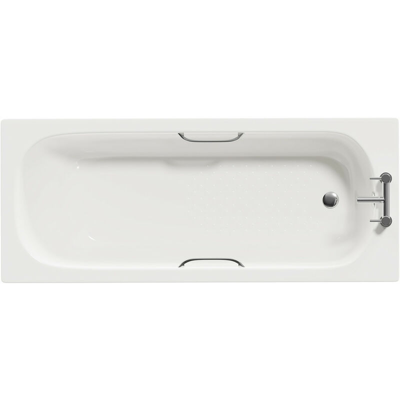 Wholesale Domestic Cassia 1700mm x 700mm Anti Slip Straight Single Ended Steel Bath with Chrome Grips and 2 Tap Holes including Legs - White