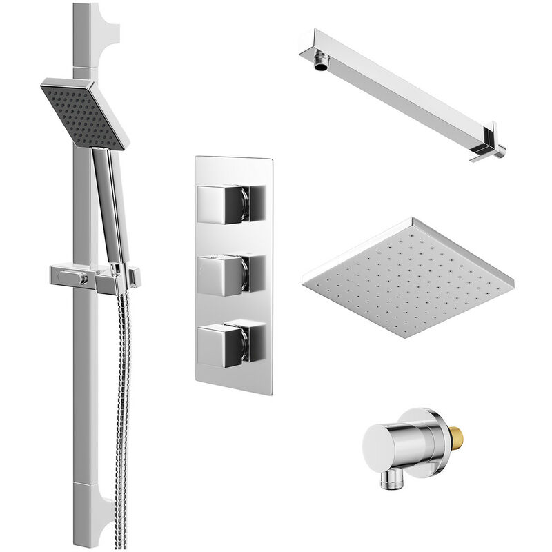 Wholesale Domestic Cubix Polished Chrome Triple Thermostatic Shower Valve and 200mm Square Fixed Head with Wall Arm and Severn Shower Slide Rail Kit