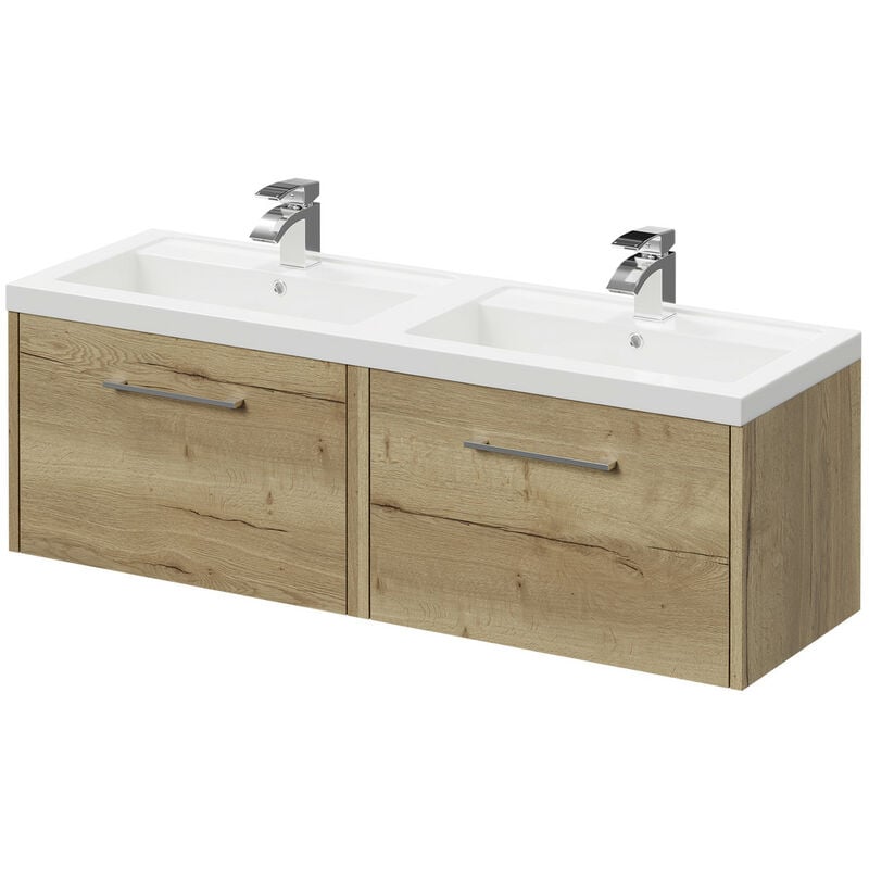 Wholesale Domestic Horizon Autumn Oak 1200mm Wall Mounted Vanity Unit with Polymarble Double Basin and 2 Drawers with Polished Chrome Handles