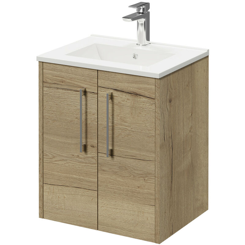 Wholesale Domestic Horizon Autumn Oak 500mm Wall Mounted Vanity Unit with 1 Tap Hole Minimalist Basin and 2 Doors with Polished Chrome Handles
