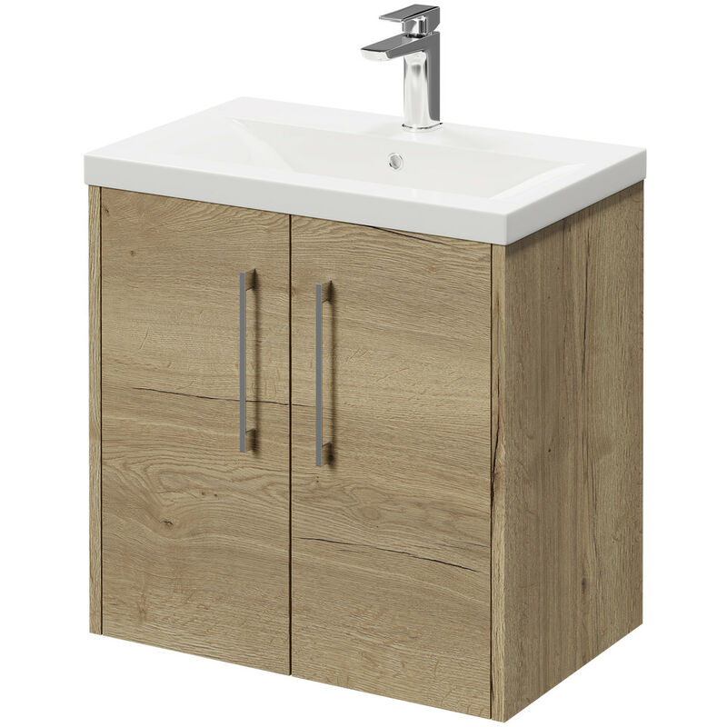 Wholesale Domestic Horizon Autumn Oak 600mm Wall Mounted Vanity Unit with 1 Tap Hole Basin and 2 Doors with Polished Chrome Handles - Autumn Oak