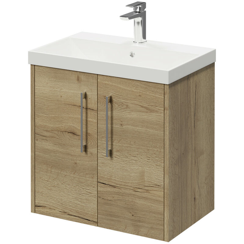 Wholesale Domestic Horizon Autumn Oak 600mm Wall Mounted Vanity Unit with 1 Tap Hole Slim Edge Basin and 2 Doors with Polished Chrome Handles