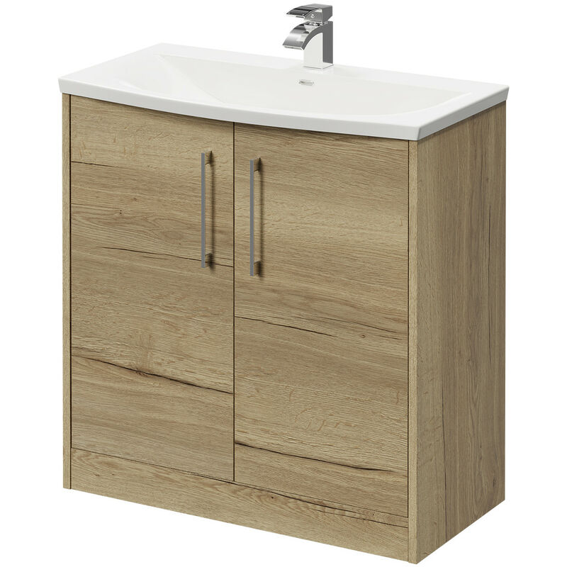 Wholesale Domestic Horizon Autumn Oak 800mm Floor Standing Vanity Unit with 1 Tap Hole Curved Basin and 2 Doors with Polished Chrome Handles - Autumn
