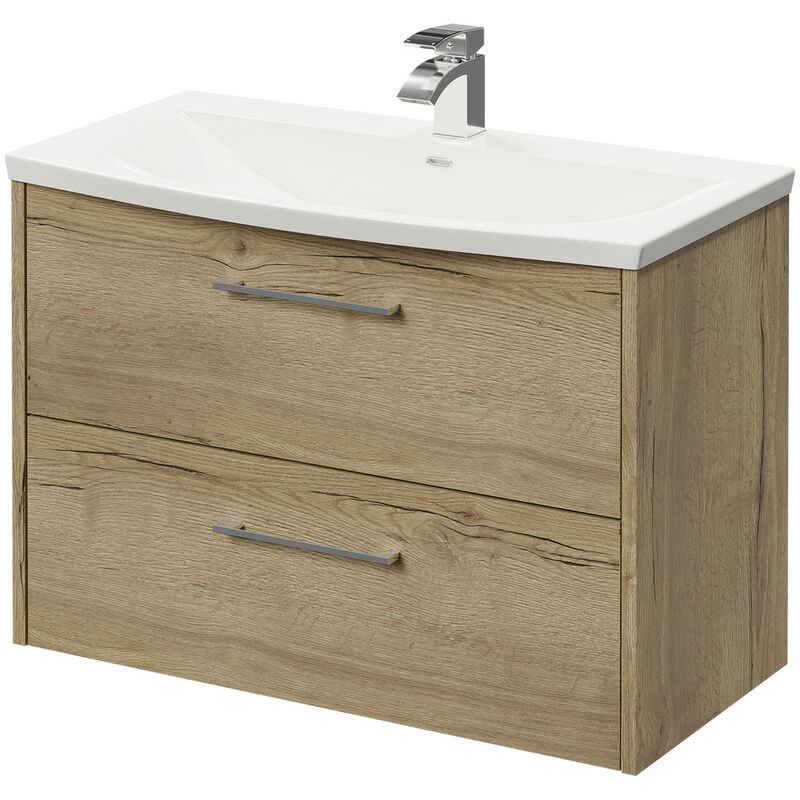 Wholesale Domestic Horizon Autumn Oak 800mm Wall Mounted Vanity Unit with 1 Tap Hole Curved Basin and 2 Drawers with Polished Chrome Handles - Autumn