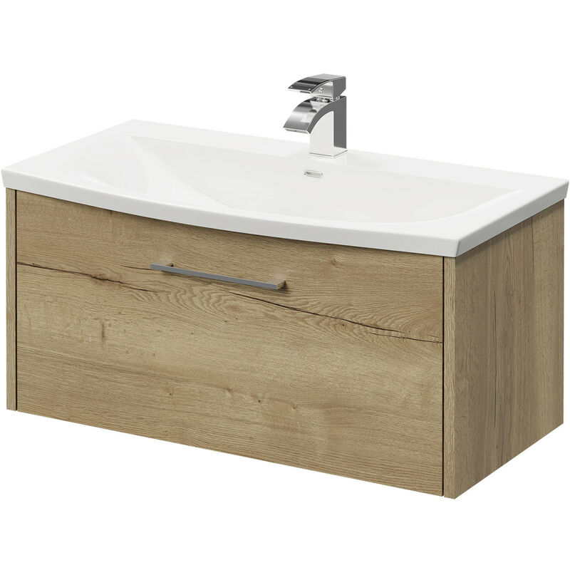 Wholesale Domestic Horizon Autumn Oak 800mm Wall Mounted Vanity Unit with 1 Tap Hole Minimalist Basin and Single Drawer with Polished Chrome Handle