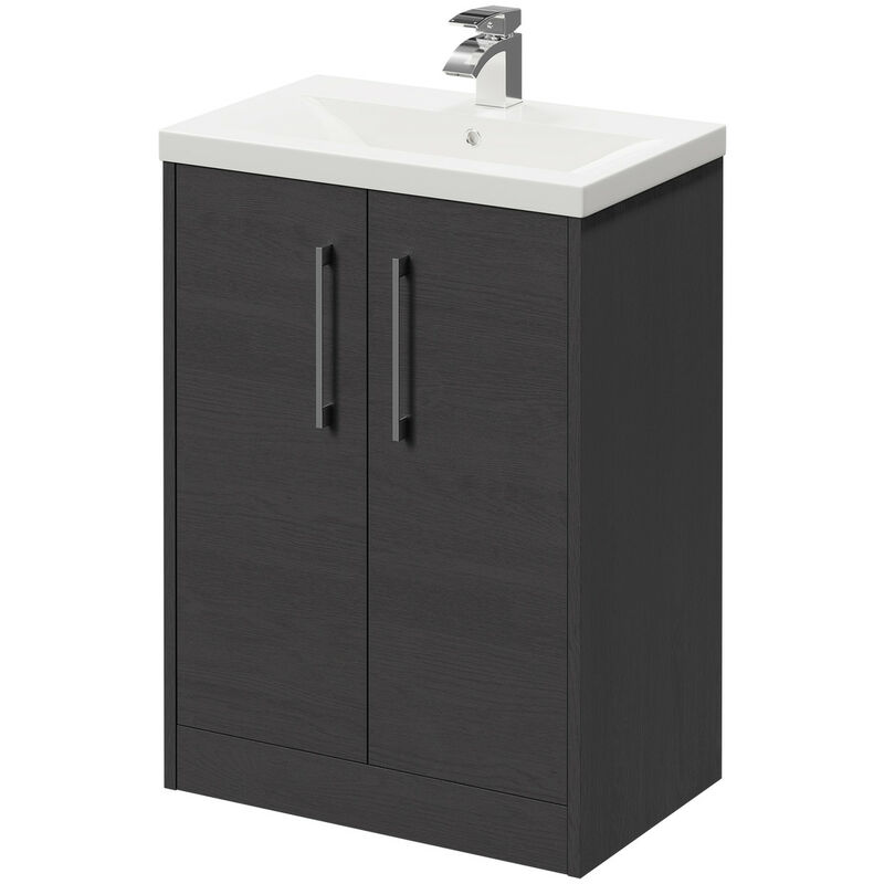 Wholesale Domestic Horizon Graphite Grey 600mm Floor Standing Vanity Unit with 1 Tap Hole Basin and 2 Doors with Polished Chrome Handles - Graphite