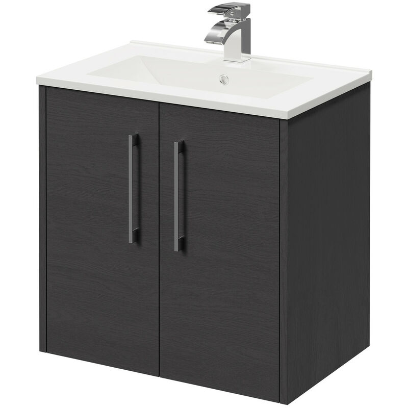 Wholesale Domestic Horizon Graphite Grey 600mm Wall Mounted Vanity Unit with 1 Tap Hole Minimalist Basin and 2 Doors with Polished Chrome Handles