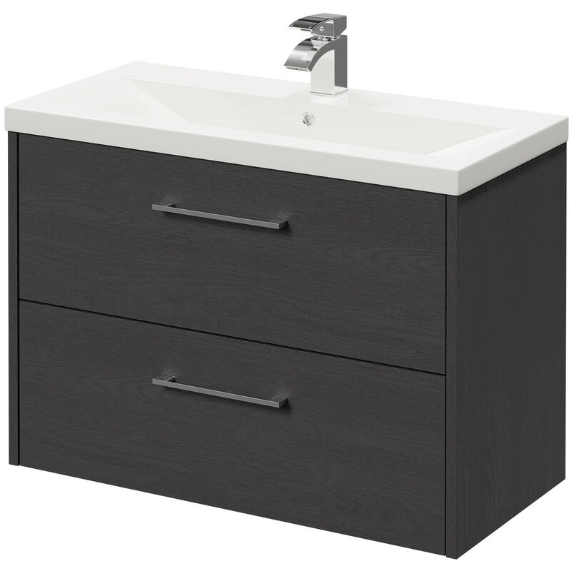 Wholesale Domestic Horizon Graphite Grey 800mm Wall Mounted Vanity Unit with 1 Tap Hole Basin and 2 Drawers with Polished Chrome Handles - Graphite