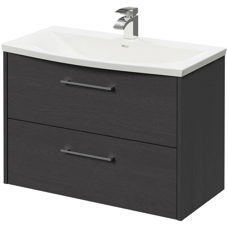 Wholesale Domestic Horizon Graphite Grey 800mm Wall Mounted Vanity Unit with 1 Tap Hole Curved Basin and 2 Drawers with Polished Chrome Handles