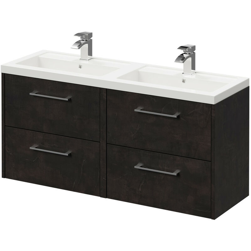Horizon Metallic Slate 1200mm Wall Mounted Vanity Unit with Polymarble Double Basin and 4 Drawers with Polished Chrome Handles - Metallic Slate