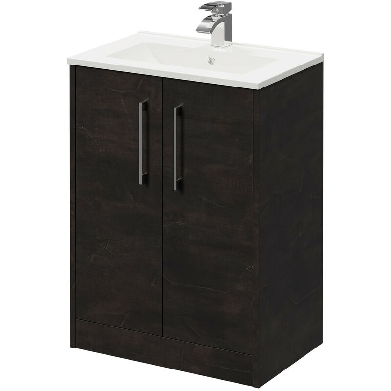 Horizon Metallic Slate 600mm Floor Standing Vanity Unit with 1 Tap Hole Minimalist Basin and 2 Doors with Polished Chrome Handles - White Ash