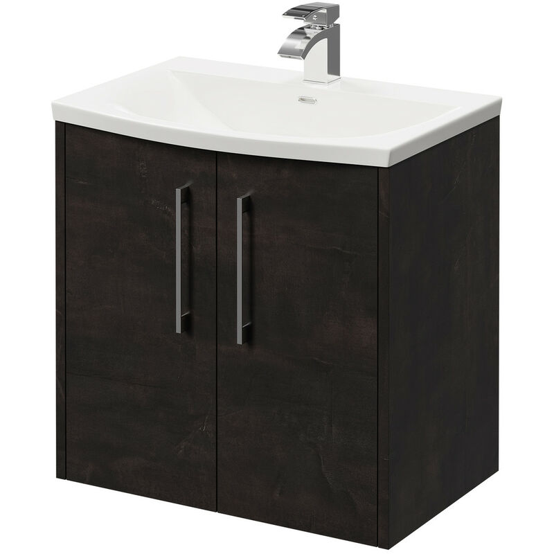 Horizon Metallic Slate 600mm Wall Mounted Vanity Unit with 1 Tap Hole Curved Basin and 2 Doors with Polished Chrome Handles - Metallic Slate