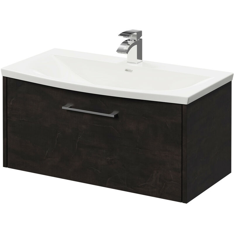 Wholesale Domestic Horizon Metallic Slate 800mm Wall Mounted Vanity Unit with 1 Tap Hole Curved Basin and Single Drawer with Polished Chrome Handle