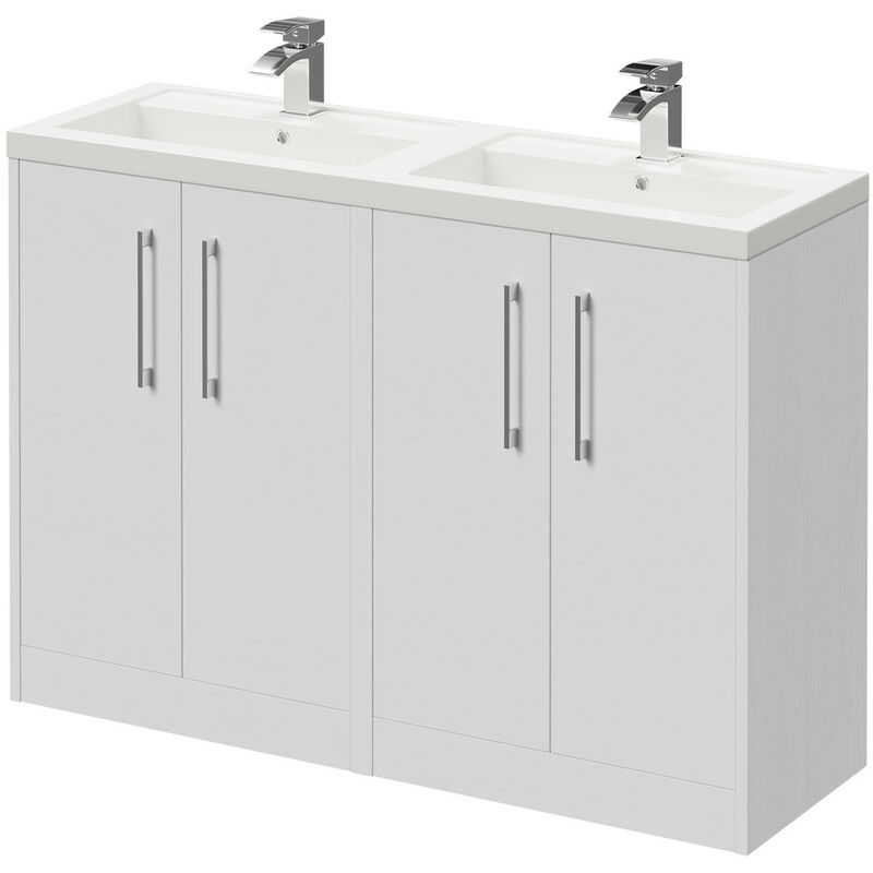Wholesale Domestic Horizon White Ash 1200mm Floor Standing Vanity Unit with Polymarble Double Basin and 4 Doors with Polished Chrome Handles - White