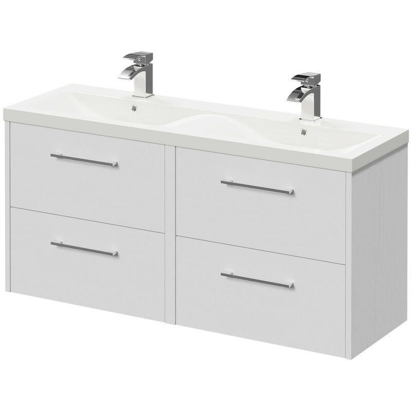 Wholesale Domestic Horizon White Ash 1200mm Wall Mounted Vanity Unit with Ceramic Double Basin and 4 Drawers with Polished Chrome Handles - White Ash